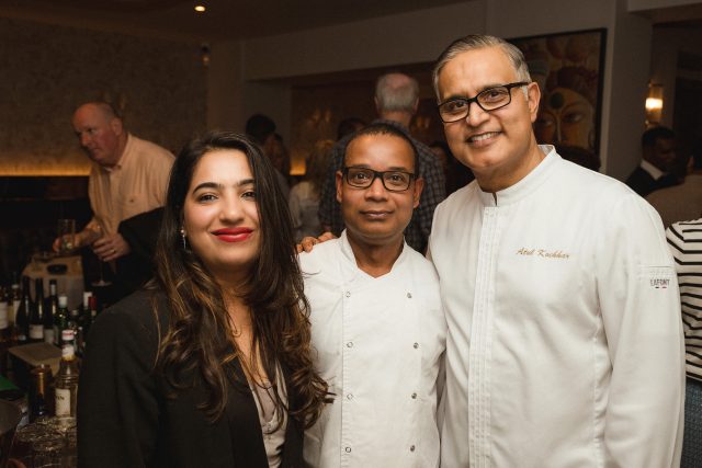 Chef Atul Kochhar posing with Head Chef Mushtaq Ali inside the kitchen at Indian Essence in Petts Wood.