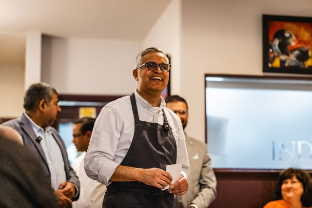 Chef Atul Kochhar presenting the Taste of Maharashtra supper club event with contemporary Indian dishes.