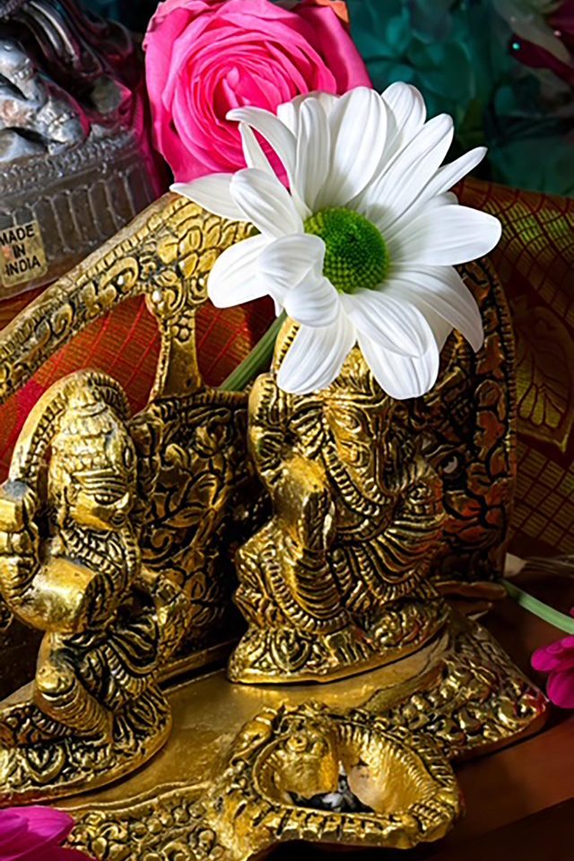 Close-up of traditional golden brass Hindu deity statues decorated with a fresh white daisy and pink roses for Diwali.